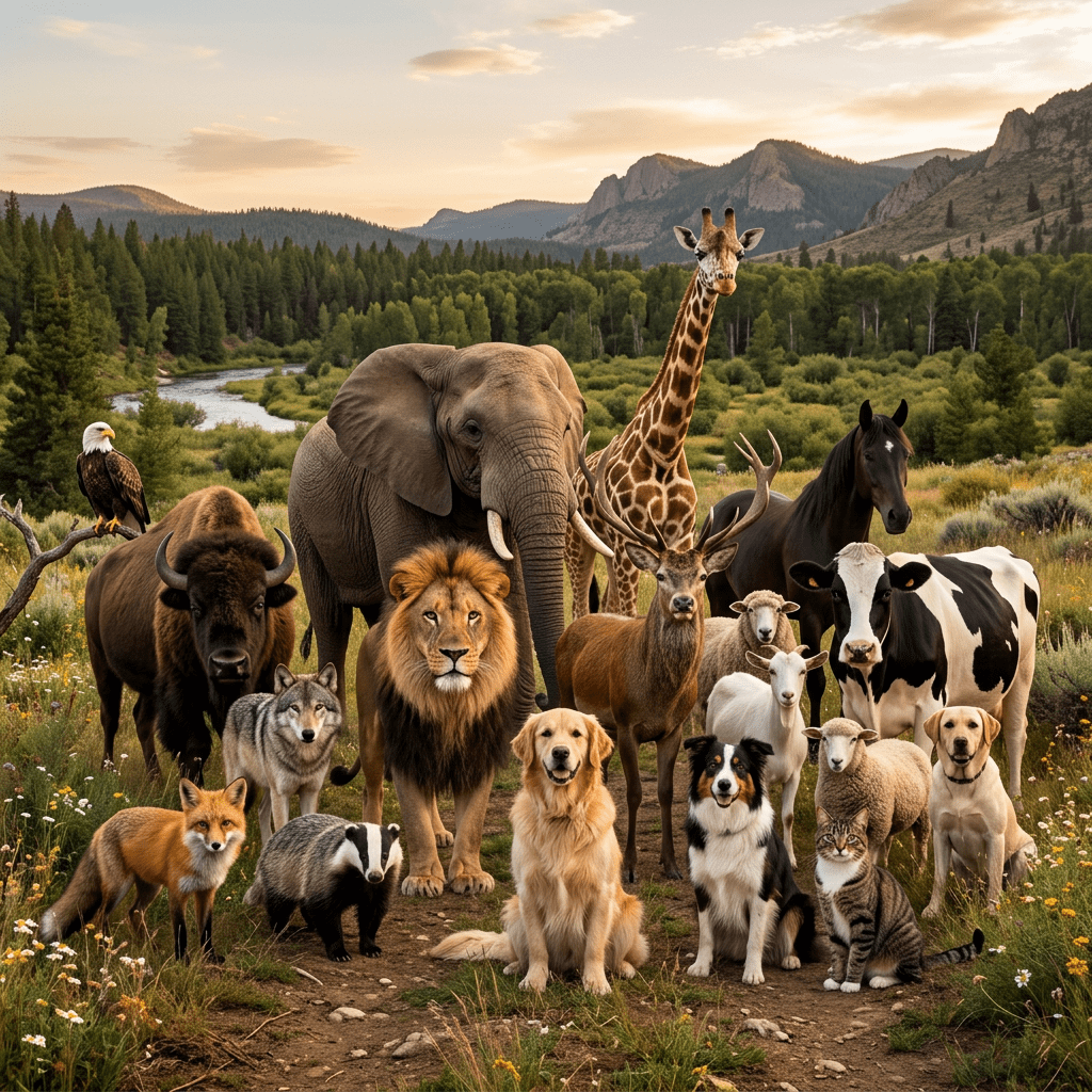 Various wild and domestic animals including elephant, lion, giraffe, dog, cat, cow, buffalo, deer, fox, badger, sheep, goat, wolf, horse, and eagle in a green valley