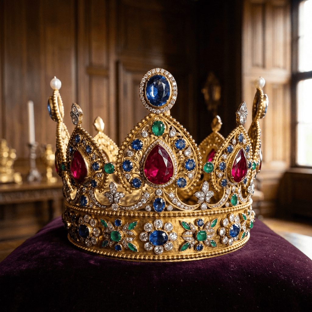 Ornate gold crown decorated with rubies, sapphires, emeralds, and diamonds