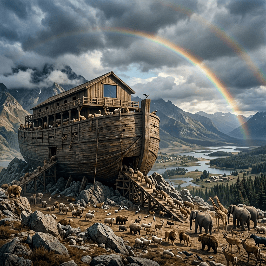 Wooden ark filled with animals above a mountain valley beneath two rainbows