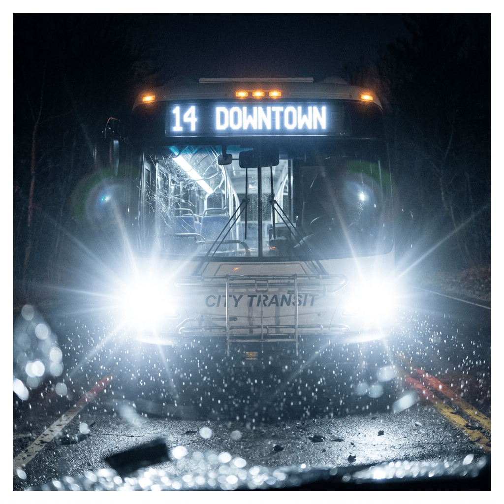 City bus marked 14 Downtown driving on a wet road at night